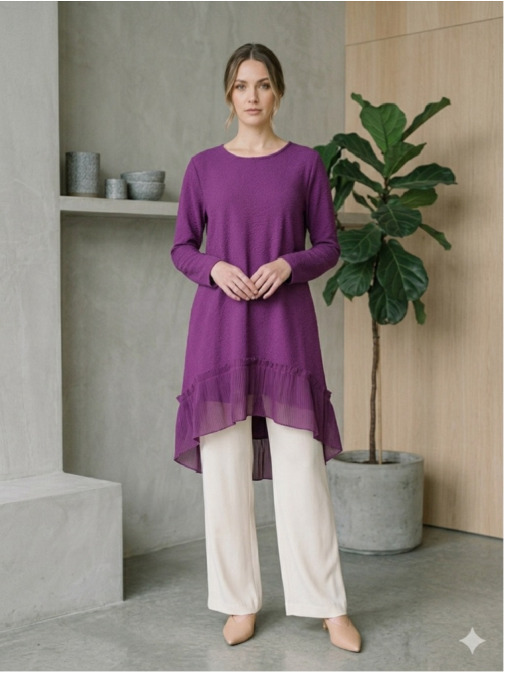 DG2 Diane Gilman 30th Anniversary Purple Knit Tunic Blouse High Low Pleated M NW
